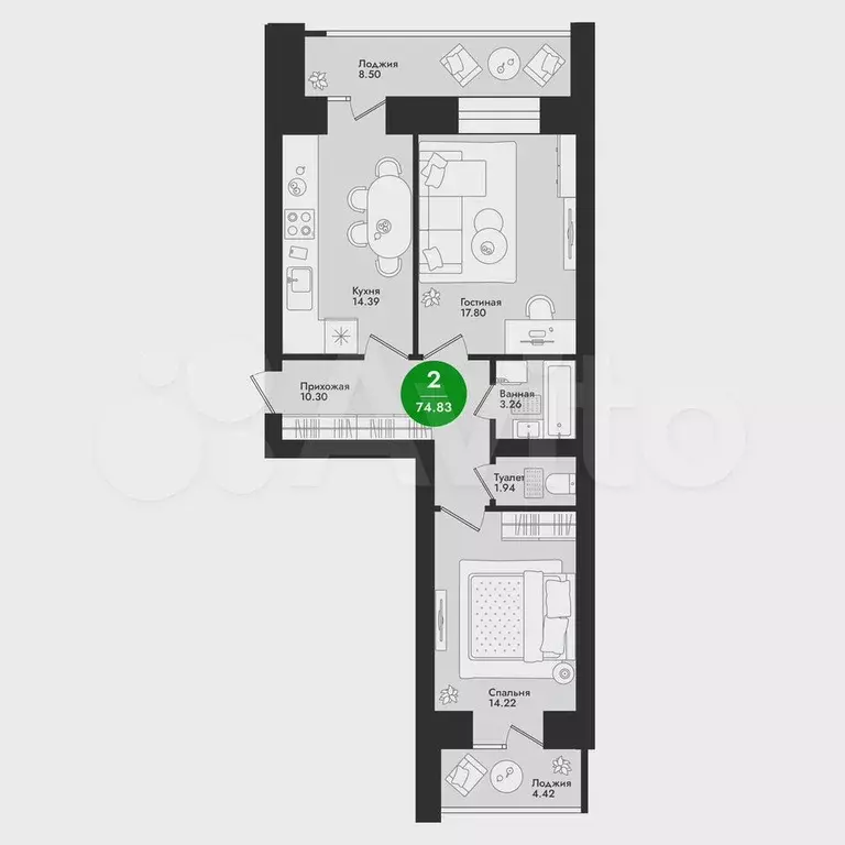 2-к. квартира, 74,8 м, 4/9 эт. - Фото 0