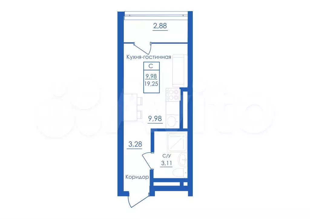 Квартира-студия, 19,3 м, 23/25 эт. - Фото 1