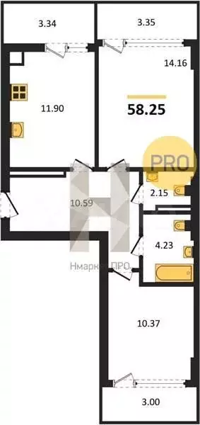 2-к. квартира, 58,3 м, 6/8 эт. - Фото 1