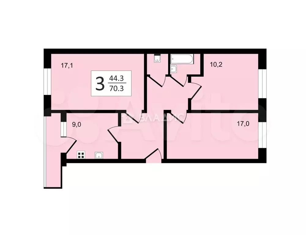 3-к. квартира, 70,3 м, 4/5 эт. - Фото 0