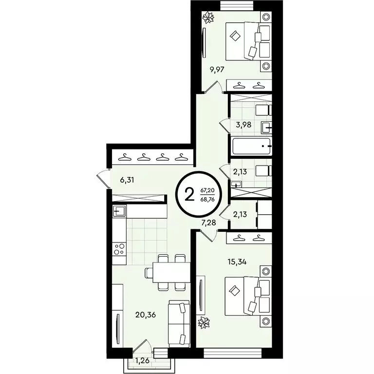 2-комнатная квартира: Тюмень, улица Александра Звягина, 3 (68.76 м) - Фото 0