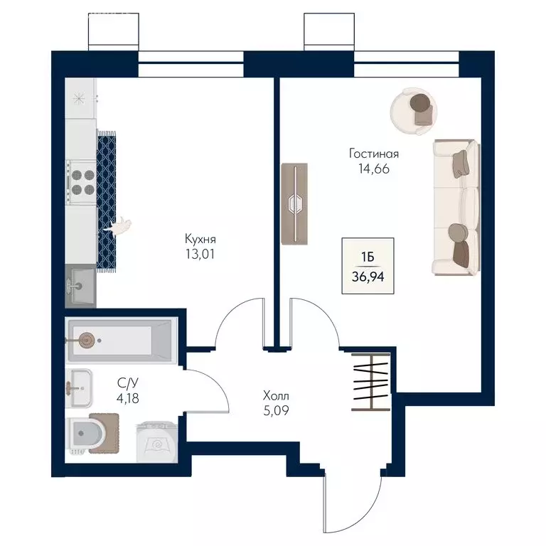 1-комнатная квартира: Мытищи, ЖК Бархат (36.94 м) - Фото 1