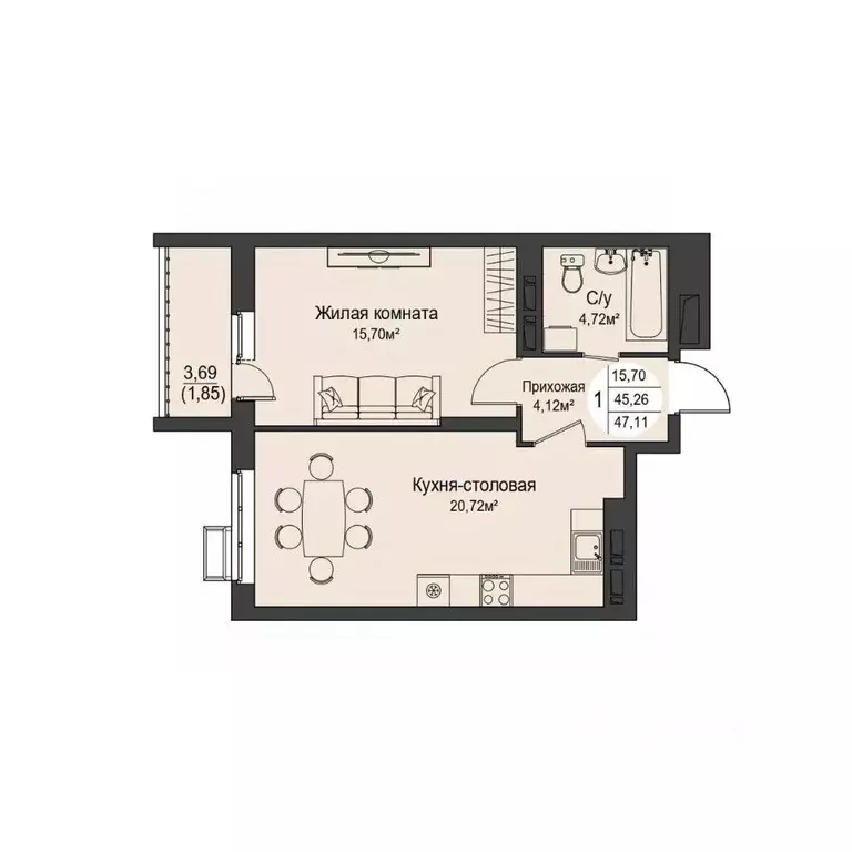 1-к кв. Орловская область, Орел ул. Кузнецова, 1 (47.11 м) - Фото 1