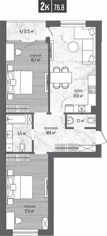 2-к. квартира, 76,8 м, 3/5 эт. - Фото 1
