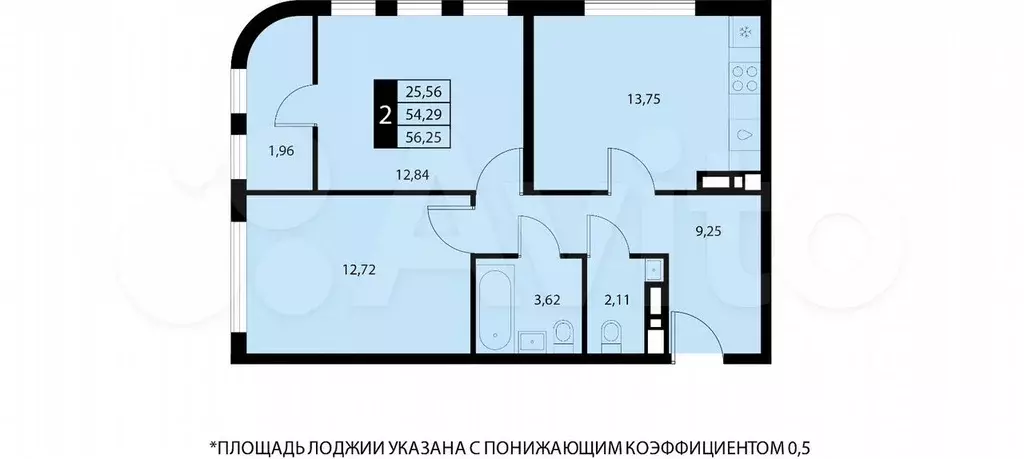 2-к. квартира, 56,3 м, 12/16 эт. - Фото 0