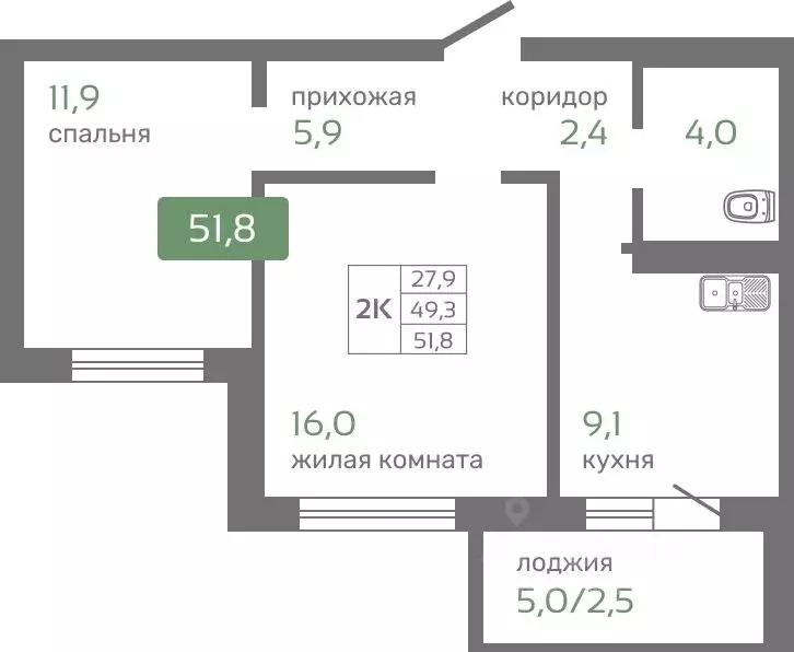 2-к кв. Красноярский край, Красноярск Норильская ул., с2 (51.8 м) - Фото 0