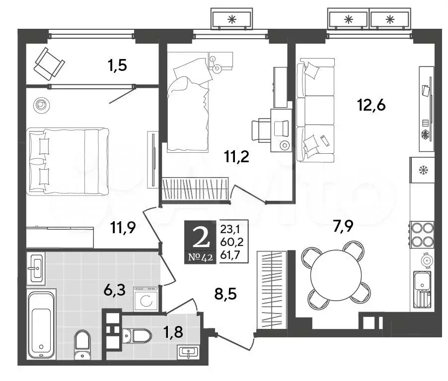 2-к. квартира, 61,7 м, 8/9 эт. - Фото 1