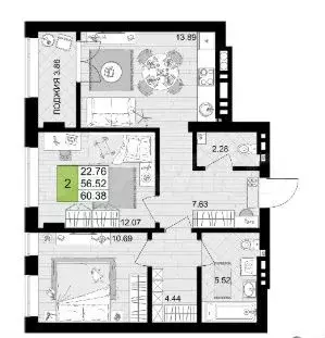 2-к. квартира, 60,4 м, 6/9 эт. - Фото 1