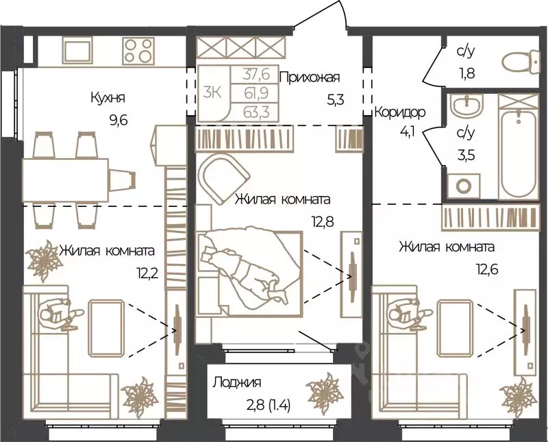3-к кв. Алтай, Майминский район, с. Майма, Алгаир-2 кв-л  (63.3 м) - Фото 1