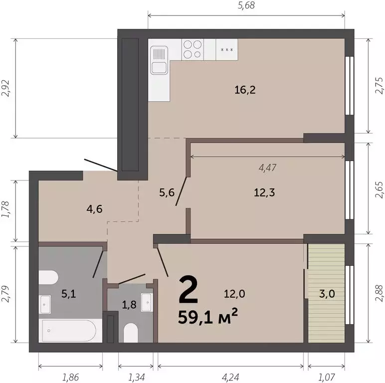 2-комнатная квартира: Екатеринбург, улица Краснолесья, 10/6 (58.6 м) - Фото 0
