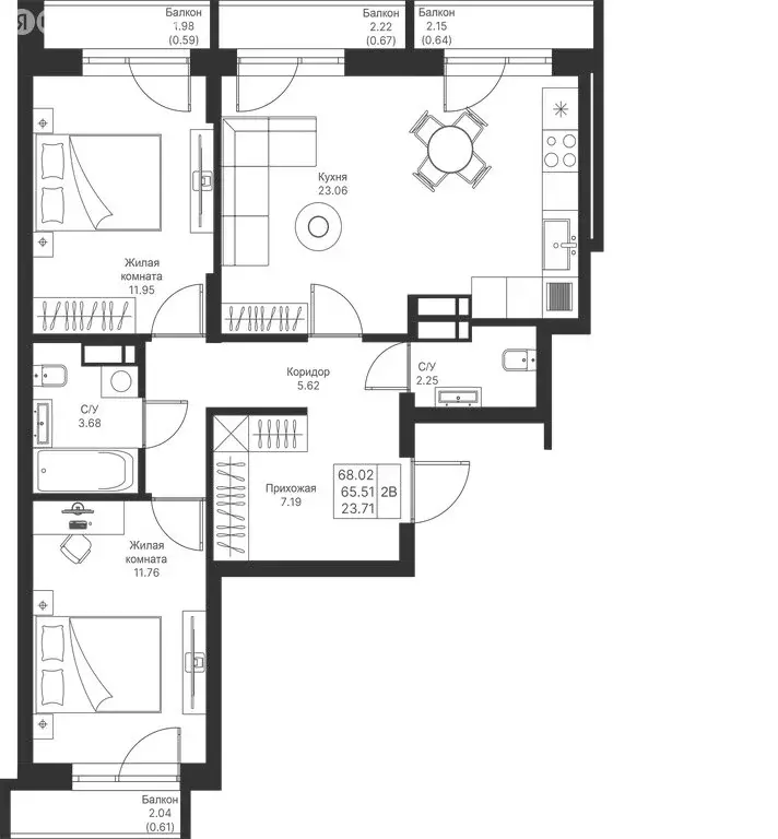 2-комнатная квартира: Казань, ЖК Мой Ритм, ПК14 (68.02 м) - Фото 0