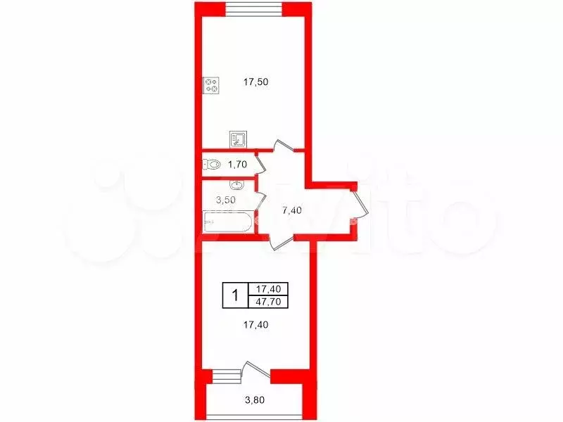 1-к. квартира, 47,7 м, 5/8 эт. - Фото 0