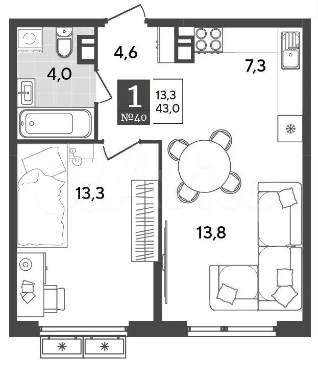 1-к. квартира, 43 м, 8/9 эт. - Фото 0