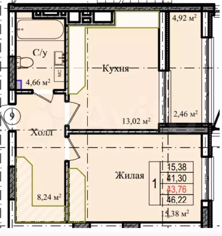 1-к. квартира, 44 м, 2/9 эт. - Фото 1