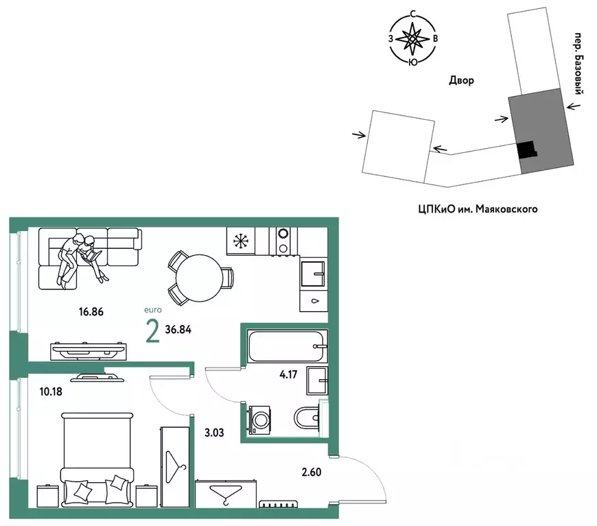 2-к кв. Свердловская область, Екатеринбург пер. Базовый, 10 (36.84 м) - Фото 1