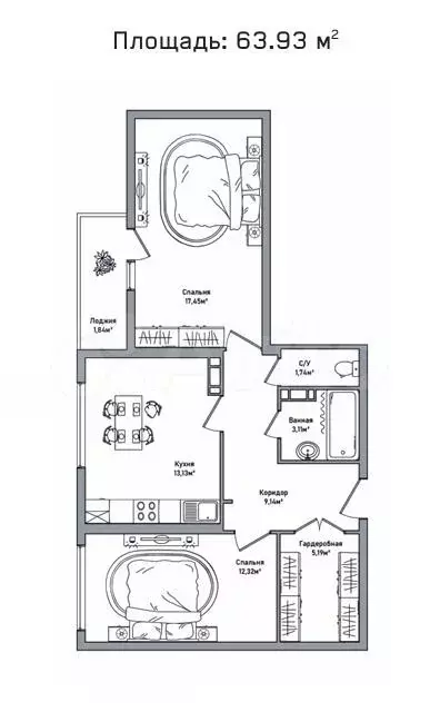 2-к. квартира, 63,9 м, 4/8 эт. - Фото 0