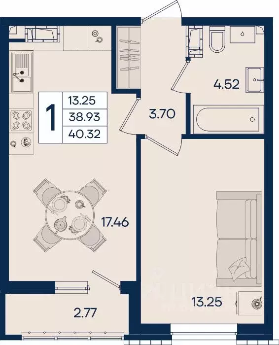 1-к кв. Краснодарский край, Краснодар  (40.32 м) - Фото 1