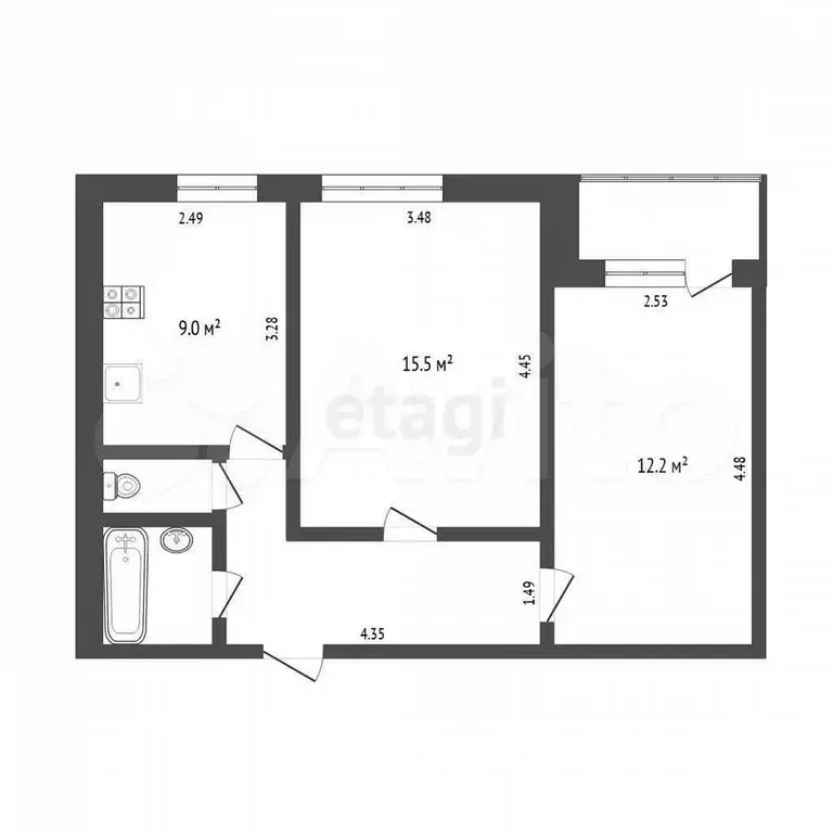 2-к. квартира, 48,8 м, 6/9 эт. - Фото 0