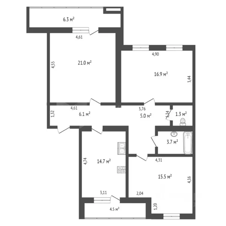 3-к кв. Тюменская область, Тюмень ул. Евгения Богдановича, 16 (87.4 м) - Фото 1