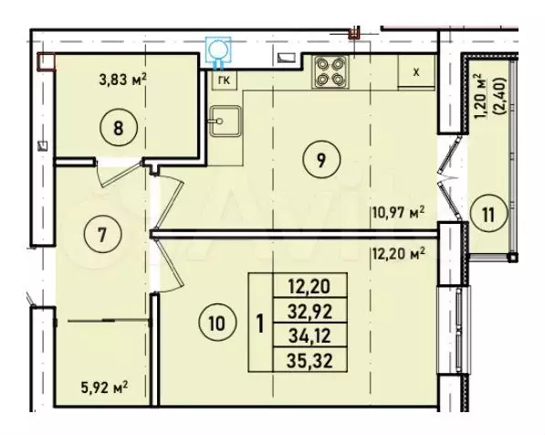 1-к. квартира, 34,1 м, 2/7 эт. - Фото 1