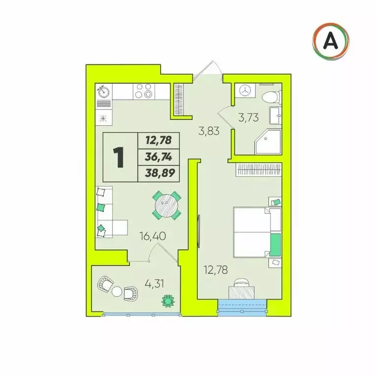 1-к кв. Калужская область, Калуга Зеленый жилой комплекс (38.89 м) - Фото 1