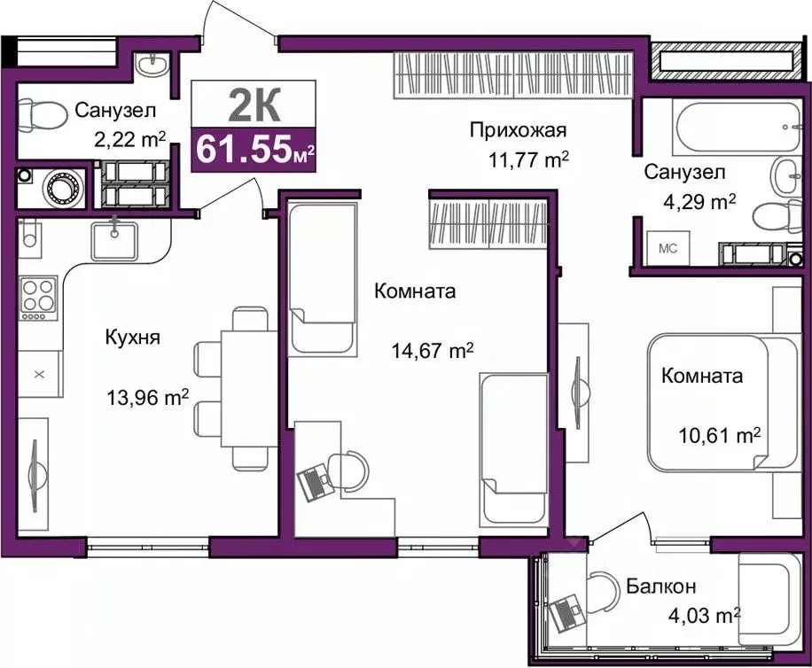 2-к кв. Крым, Симферополь ул. Батурина, 145 (58.73 м) - Фото 0