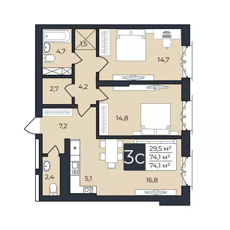 2-комнатная квартира: Уфа, улица Ленина, 190к1 (74.1 м) - Фото 0