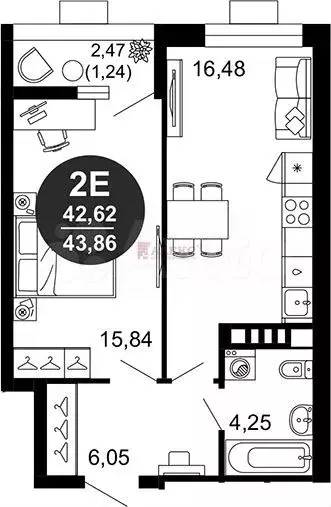 2-к. квартира, 42,6 м, 4/10 эт. - Фото 1
