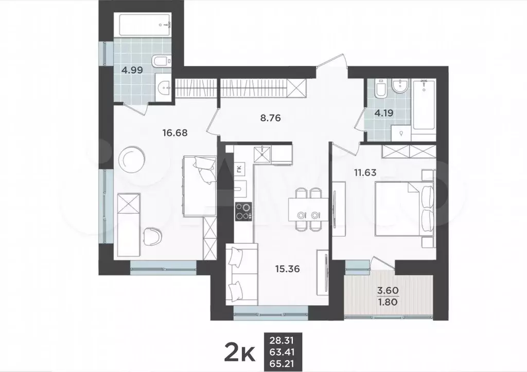 2-к. квартира, 63,4 м, 2/9 эт. - Фото 1