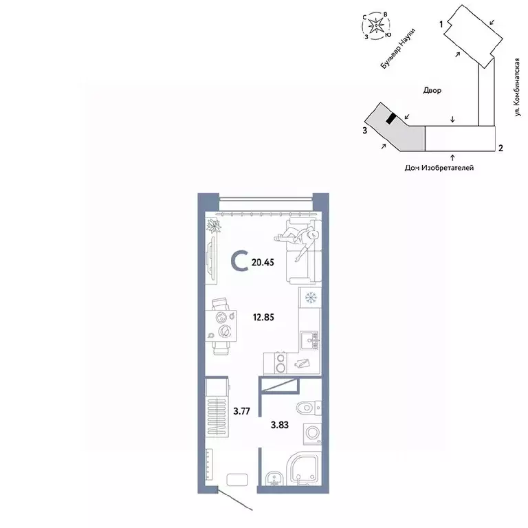 Студия Тюменская область, Тюмень Комбинатская ул., 16к1 (20.45 м) - Фото 0