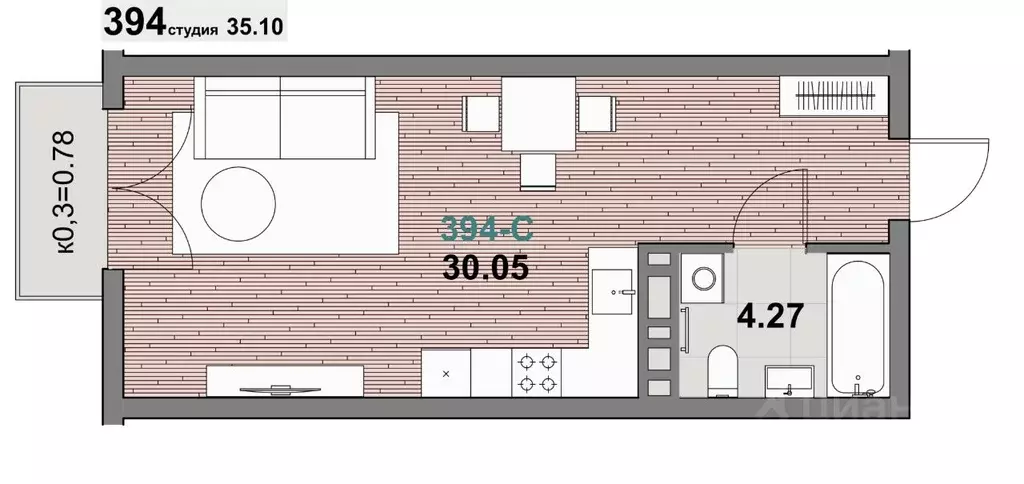 1-к кв. Калининградская область, Зеленоградск ул. Гагарина (35.1 м) - Фото 1