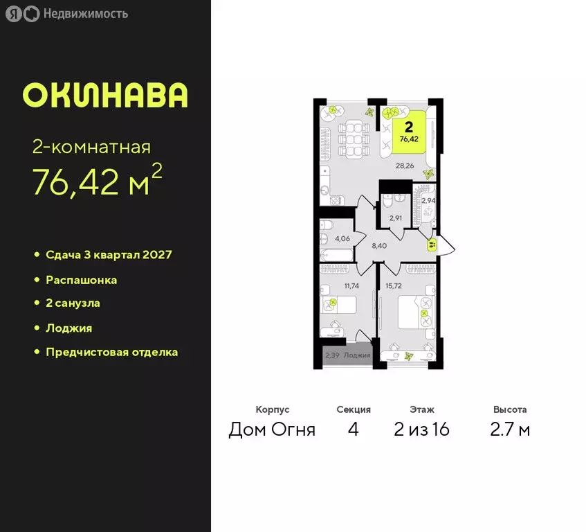 2-комнатная квартира: Тюмень, жилой комплекс Окинава (76.42 м) - Фото 1