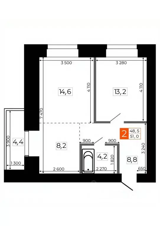 2-к кв. Амурская область, Благовещенск  (51.0 м) - Фото 0