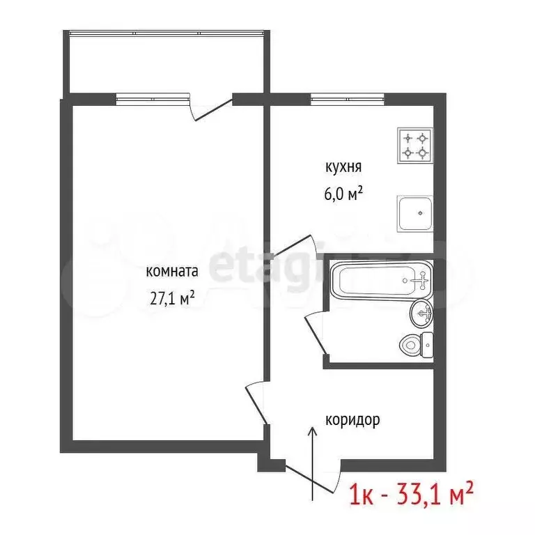 1-к. квартира, 33,1 м, 7/9 эт. - Фото 0