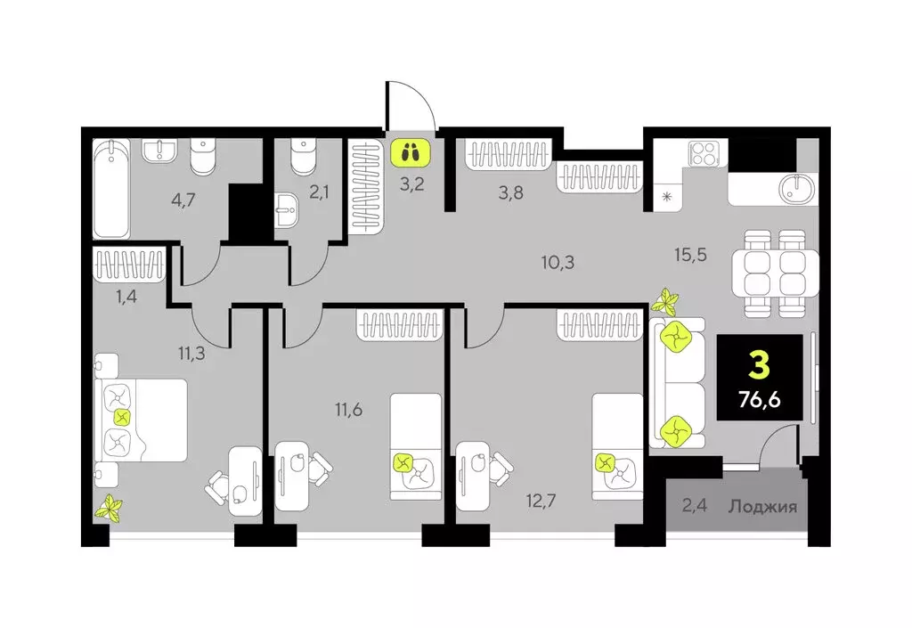3-комнатная квартира: Тюмень, улица Ивана Чистякова, 3 (76.6 м) - Фото 1