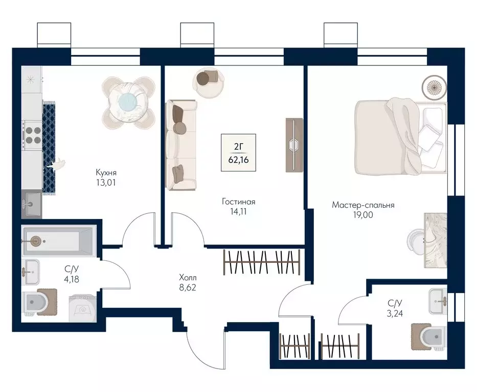 2-комнатная квартира: Мытищи, ЖК Бархат (62.16 м) - Фото 1