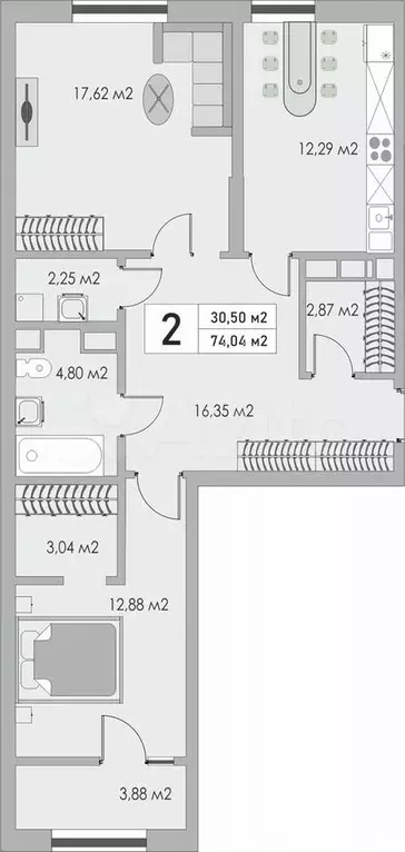 2-к. квартира, 74 м, 6/10 эт. - Фото 0