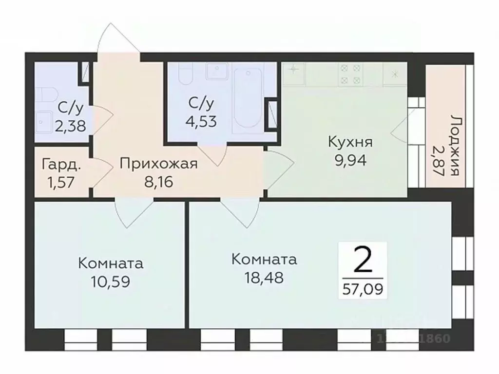 2-к кв. Воронежская область, Воронеж ул. Матросова (57.09 м) - Фото 0