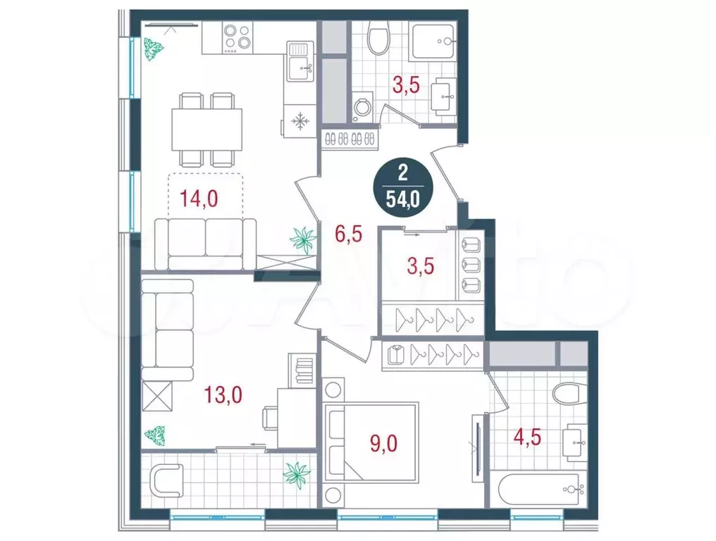 2-к. квартира, 54 м, 4/32 эт. - Фото 0