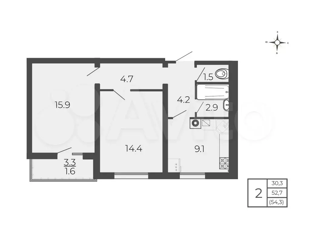 2-к. квартира, 54,3 м, 4/5 эт. - Фото 0