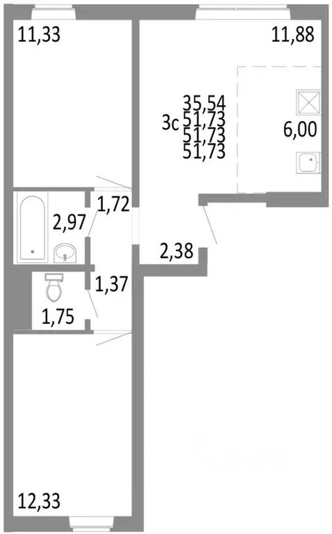 3-к кв. Челябинская область, Челябинск ул. Блюхера, 125В (51.73 м) - Фото 0