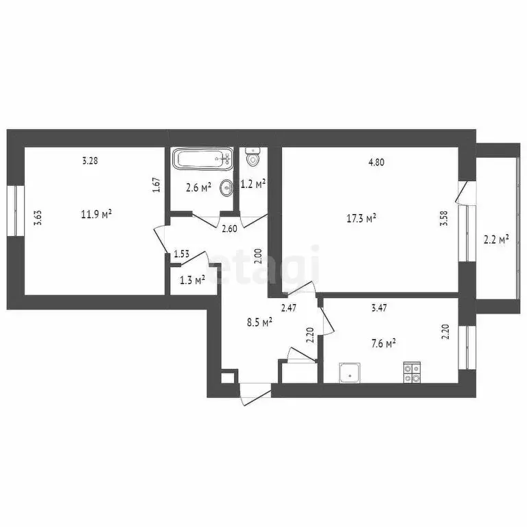 2-комнатная квартира: Ишим, улица Чернышевского, 4 (48.3 м) - Фото 1