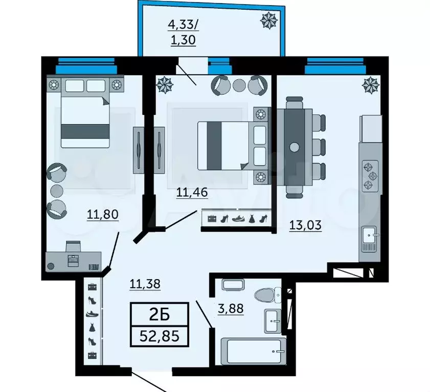 2-к. квартира, 53,1 м, 14/26 эт. - Фото 1