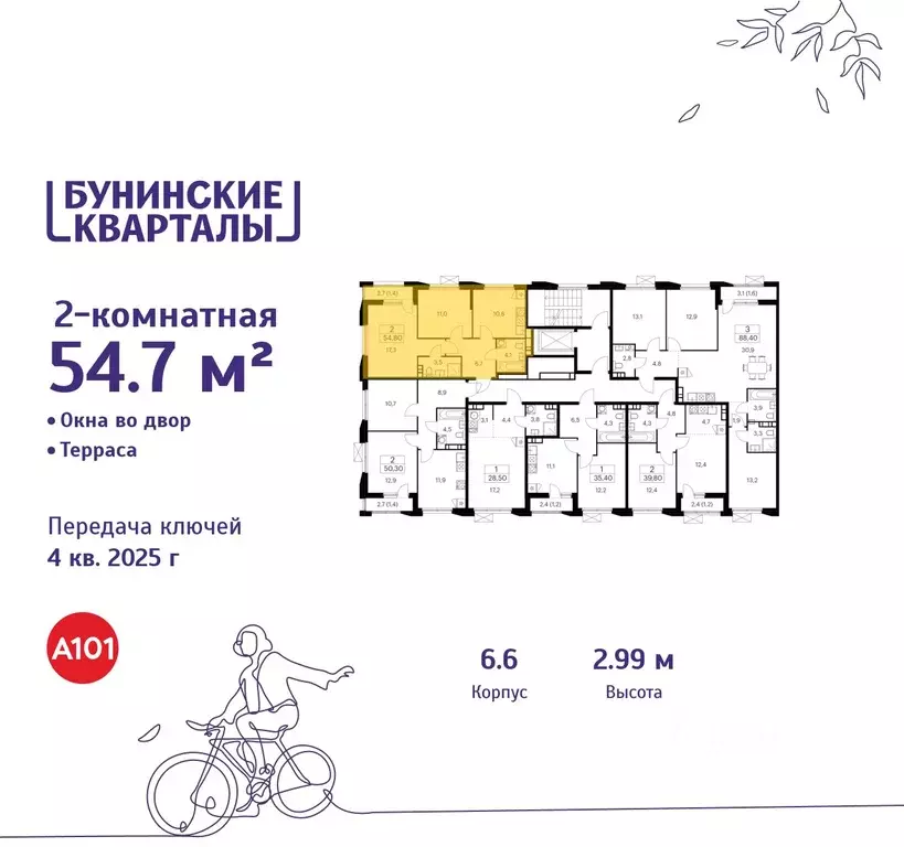 2-к кв. Москва Бунинские Кварталы жилой комплекс, 6.1 (54.7 м) - Фото 1