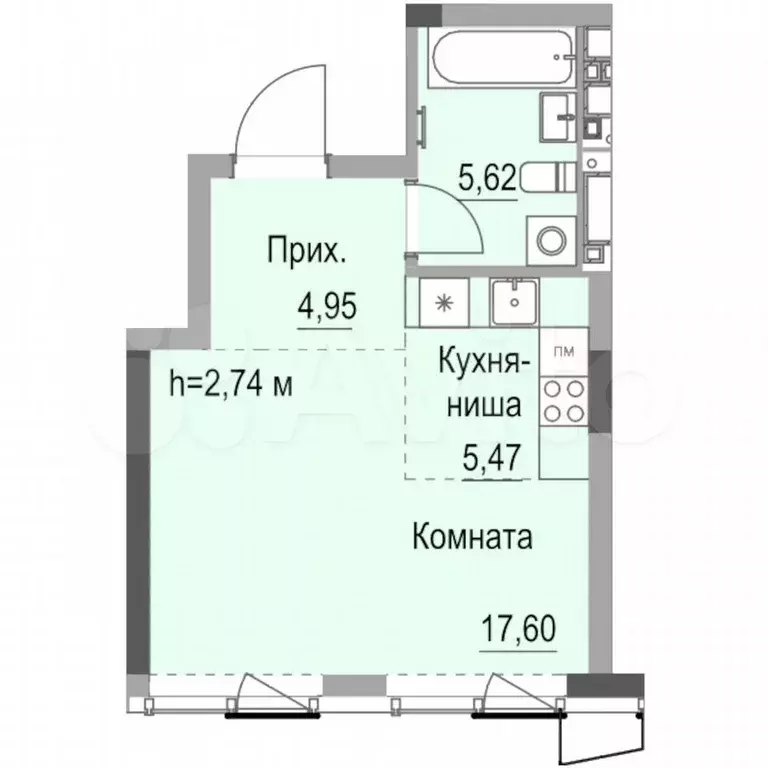 Квартира-студия, 34,7 м, 20/24 эт. - Фото 0