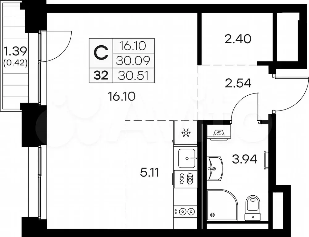 Квартира-студия, 30,5 м, 4/16 эт. - Фото 0