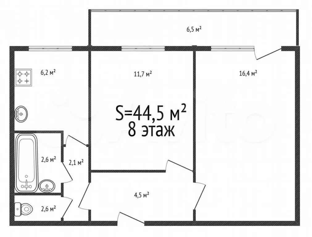 2-к. квартира, 44,5 м, 8/9 эт. - Фото 0