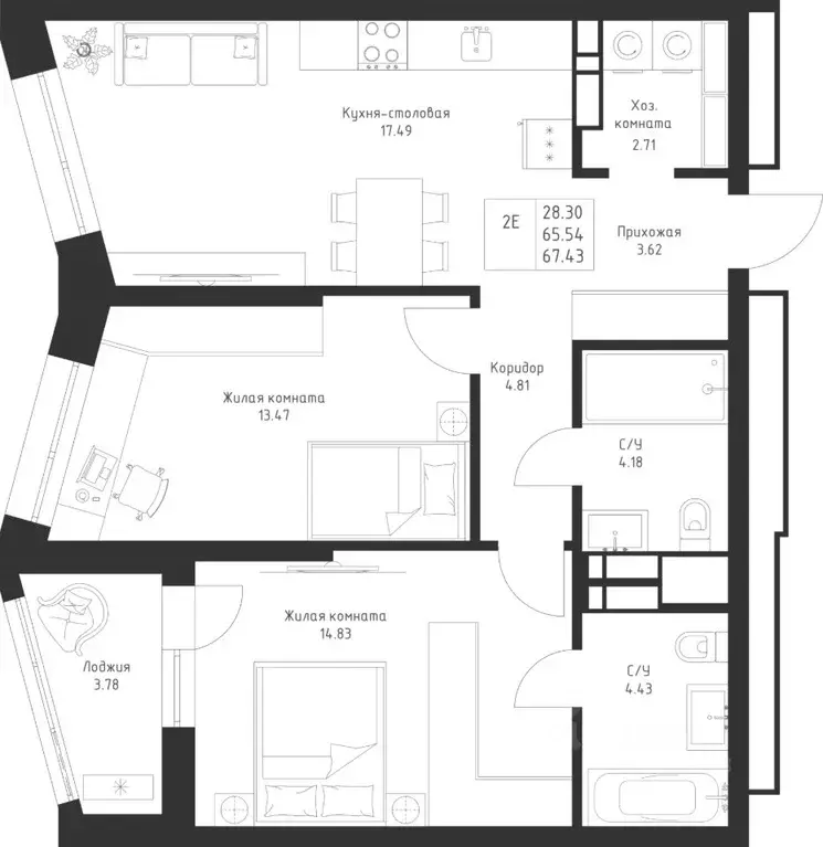 2-к кв. Татарстан, Казань Седьмое Небо жилрайон,  (67.43 м) - Фото 1