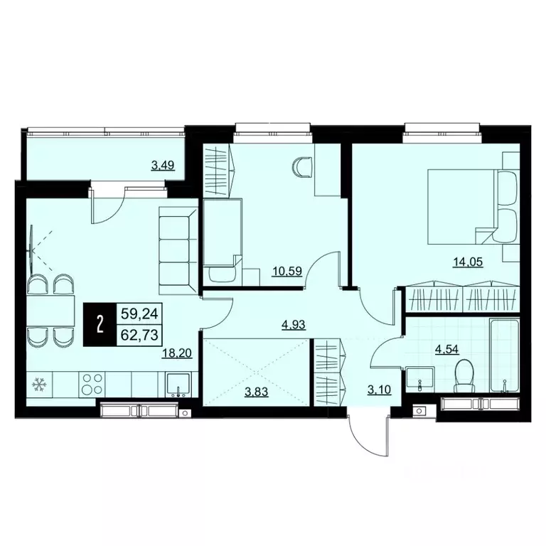 2-к кв. Самарская область, Самара Южное ш., 7А (60.99 м) - Фото 1