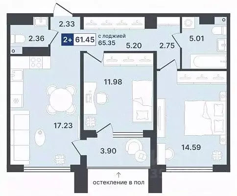 2-к кв. Тюменская область, Тюмень Ставропольская ул., 1 (61.45 м) - Фото 0